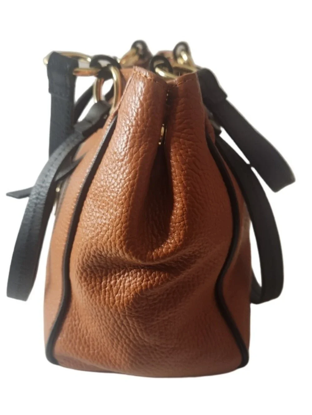 Valentina Tan Leather Shoulder Bag with Black Straps and Gold Hardware